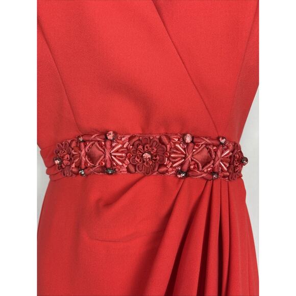 NEW Badgley Mischka Sleeveless Gown Womens 4 Red Jewel Floral Accent Ruffle Slit - Picture 3 of 12